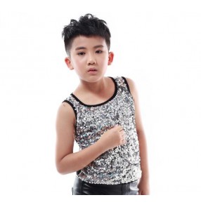 Silver black sequins sleeveless boys kids children stage performance hip hop school play jazz singer dance costumes vests tops outfits ( only vest)